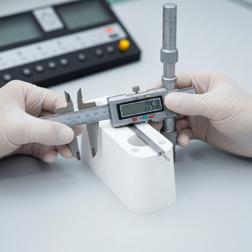 Engineer using digital calipers to measure a polyurethane prototype part in metrology lab